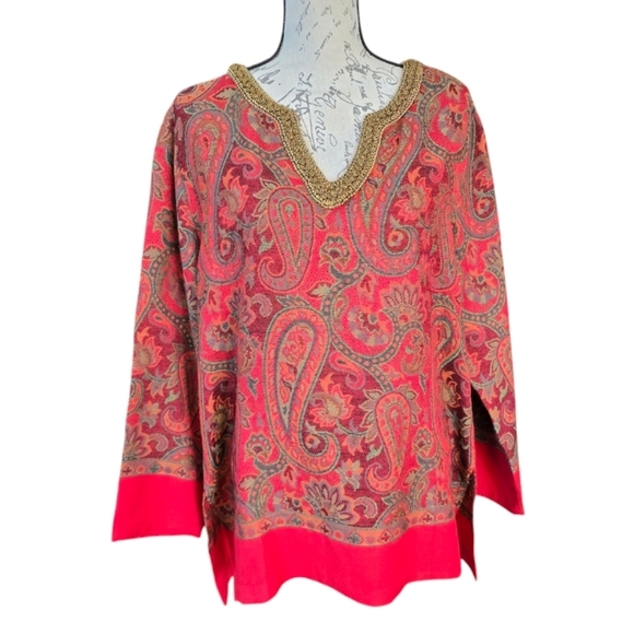 Soft Surroundings Red Gold Long Sleeve Paisley Pullover Tunic XLP - Picture 1 of 8